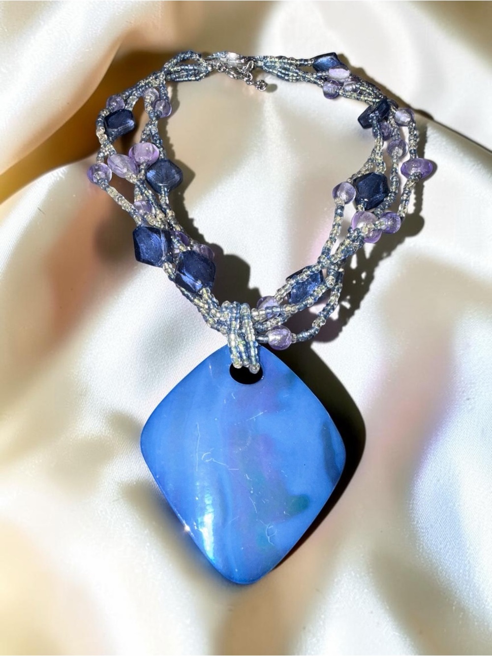 Blue Purple Multi Strand Beaded Statement Necklace with Large Pendant - Picture 6 of 6